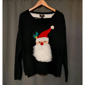 Hooked Up Women’s Christmas Holiday Sweater Santa, Black, White Striped Size XL